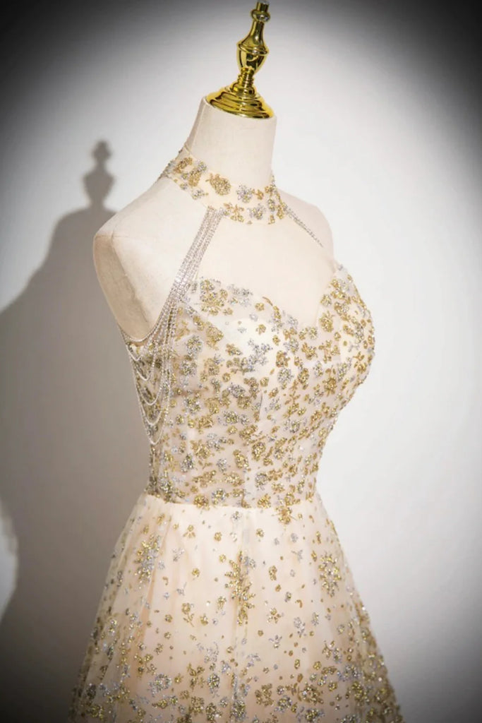 Champagne Sequins A Line High Neck Long Prom Dresses, Champagne Formal Lwt Dress Champagne Sequins A Line High Neck Long Prom Dresses, Champagne Formal Lwt Dress