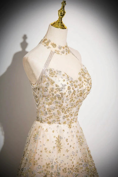 Champagne Sequins A Line High Neck Long Prom Dresses, Champagne Formal Graduation Evening Dresses WT1577
