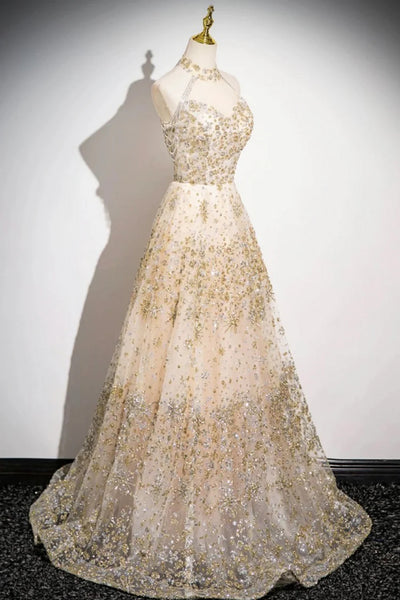 Champagne Sequins A Line High Neck Long Prom Dresses, Champagne Formal Graduation Evening Dresses WT1577