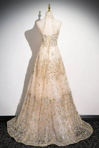 Champagne Sequins A Line High Neck Long Prom Dresses, Champagne Formal Graduation Evening Dresses WT1577