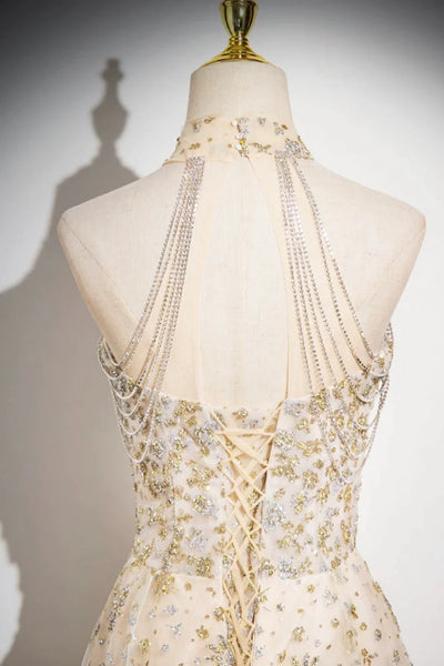 Champagne Sequins A Line High Neck Long Prom Dresses, Champagne Formal Graduation Evening Dresses WT1577