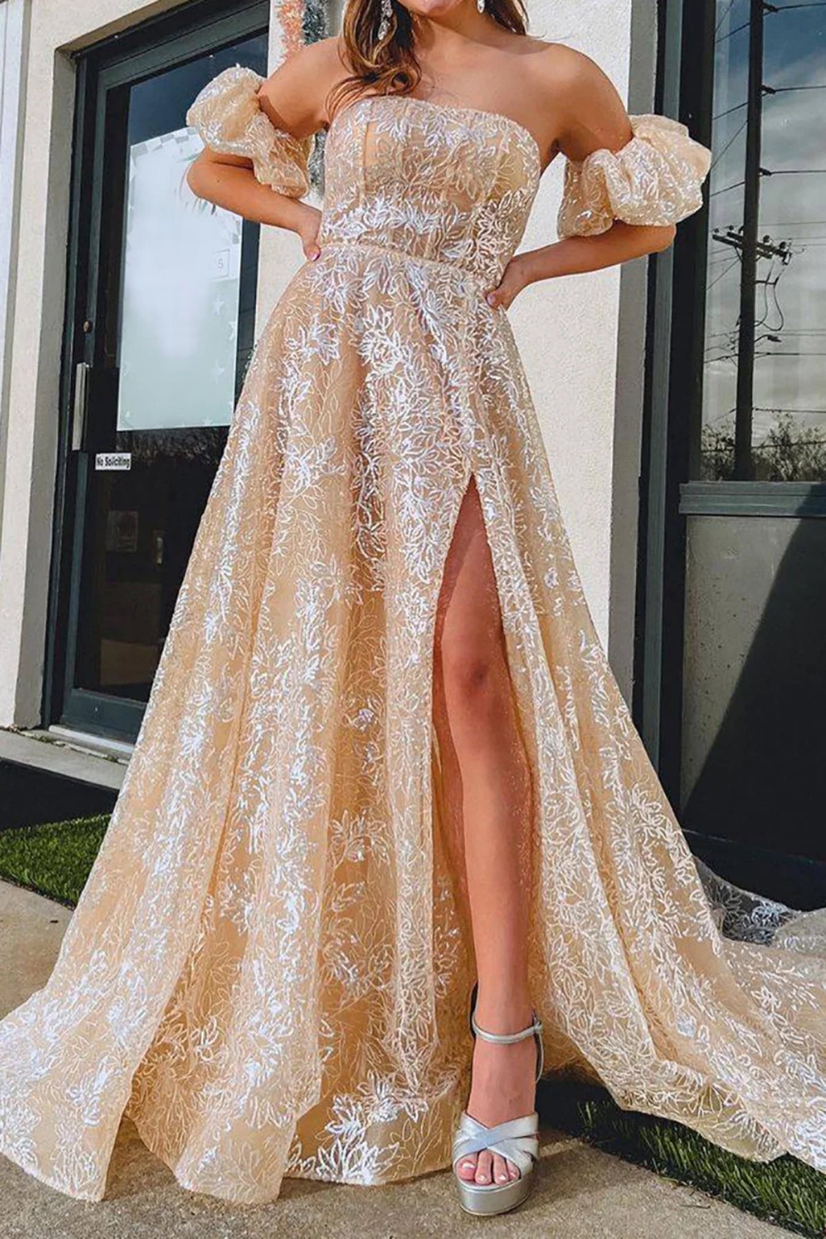 Champagne Strapless Lace Long Prom Dresses with High Slit, Long Champagne Lace Formal Graduation Evening Dresses WT1346
