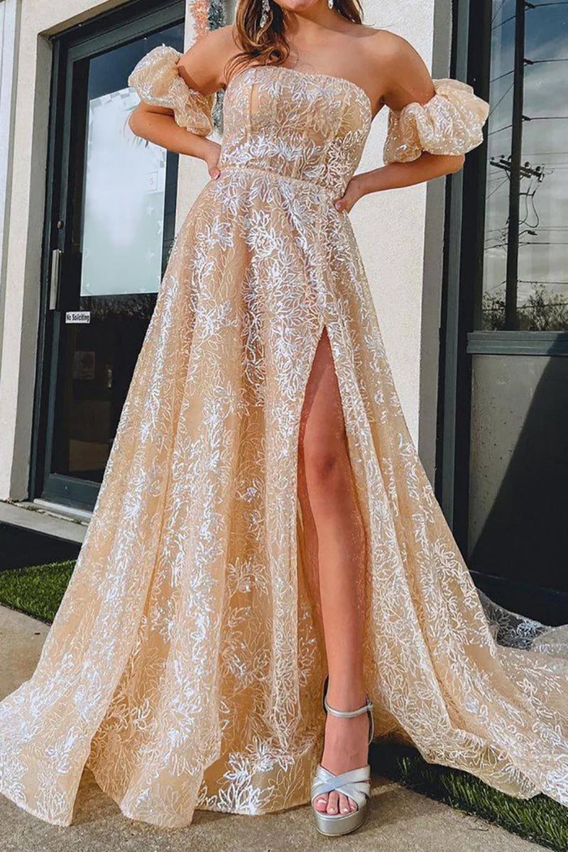 Champagne Strapless Lace Long Prom Dresses with High Slit, Long Champa