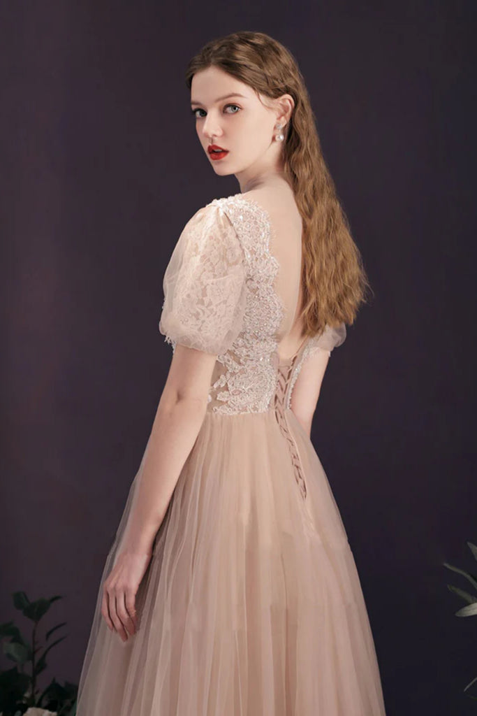 Champagne Tulle A Line Floor Length Short Sleeves Lace Prom Dresses, C Lwt Dress Champagne Tulle A Line Floor Length Short Sleeves Lace Prom Dresses, C Lwt Dress