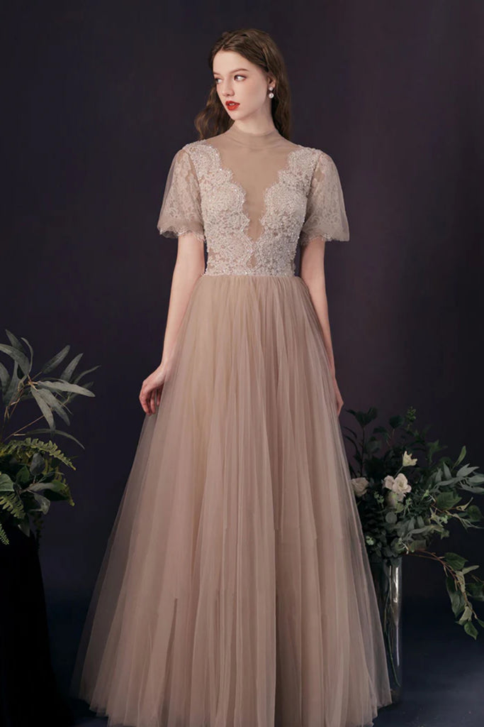 Champagne Tulle A Line Floor Length Short Sleeves Lace Prom Dresses, C Lwt Dress Champagne Tulle A Line Floor Length Short Sleeves Lace Prom Dresses, C Lwt Dress