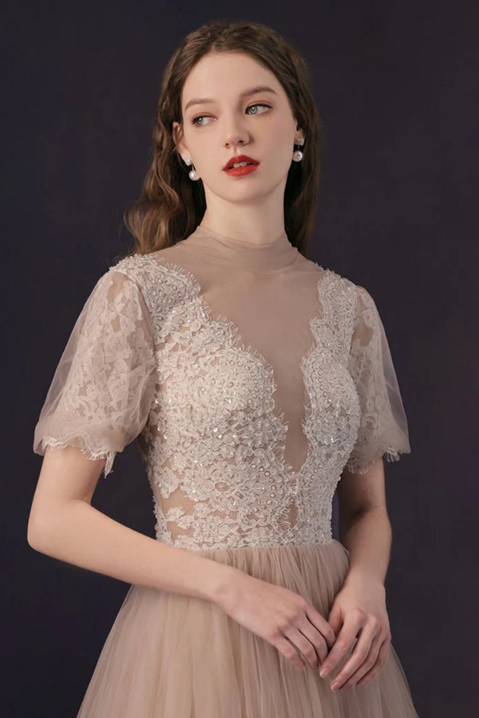 champagne lace bridesmaid dresses short Charming Champagne Lace Short Bridesmaid Dress Featuring Sheer Bateau Neckline ,short A Line Champagne Bridesmaid Dresses,elegant Short Prom