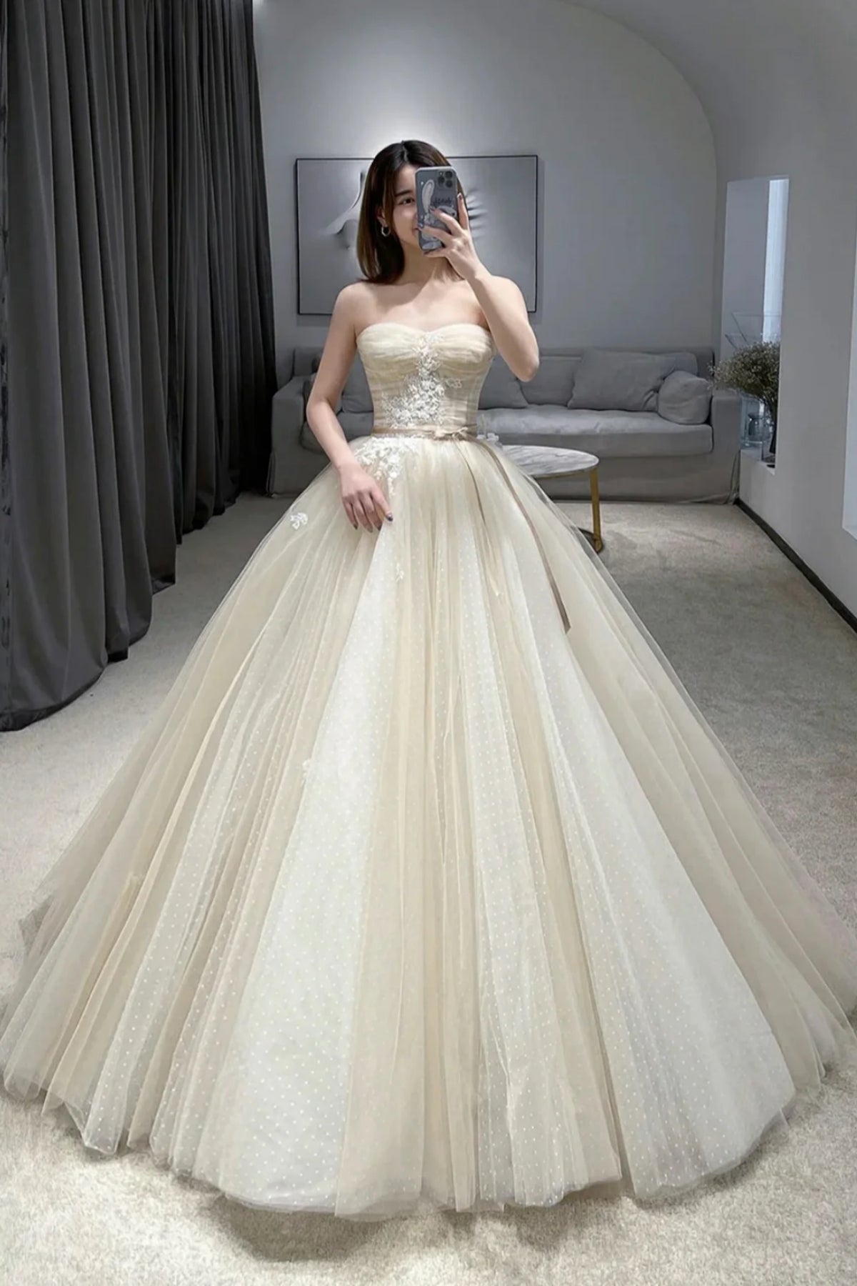 Champagne Tulle Strapless Lace Long Prom Dresses, Champagne Lace Formal Evening Dresses, Champagne Ball Gown WT1380