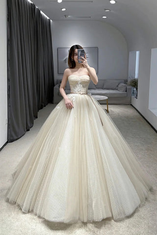 Champagne Tulle Strapless Lace Long Prom Dresses, Champagne Lace Formal Evening Dresses, Champagne Ball Gown WT1446