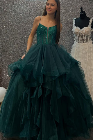 Dark Green Tulle A Line Spaghetti Straps V Neck Long Prom Dresses, Dark Green Formal Graduation Evening Dresses WT1696