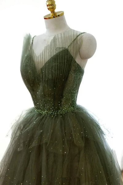 Dark Green V Neck Beaded Layered Tulle Long Prom Dresses, Dark Green Formal Graduation Evening Dresses WT1364