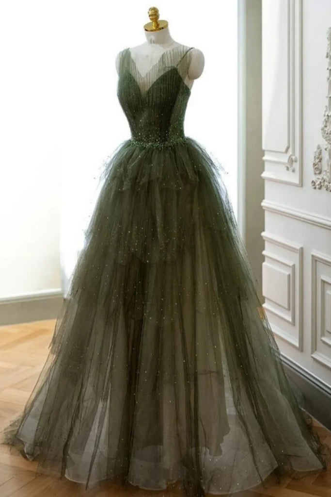 Dark Green V Neck Beaded Layered Tulle Long Prom Dresses, Dark Green F