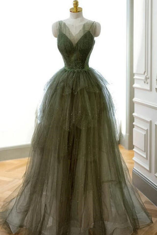 Dark Green V Neck Beaded Layered Tulle Long Prom Dresses, Dark Green Formal Graduation Evening Dresses WT1364