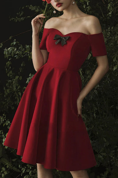 Dark Red A Line Off Shoulder Short Prom Dresses, Off the Shoulder Dark Red Homecoming Dresses WT1512