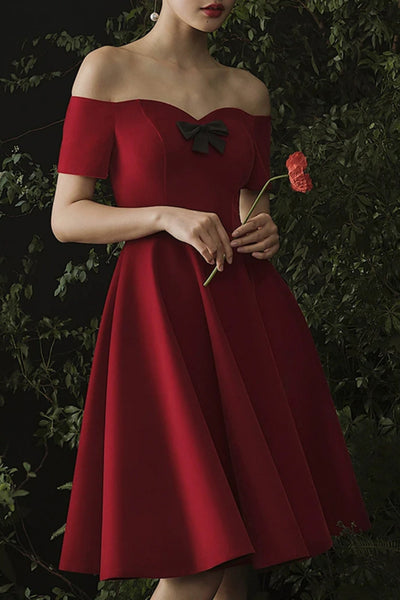 Dark Red A Line Off Shoulder Short Prom Dresses, Off the Shoulder Dark Red Homecoming Dresses WT1512