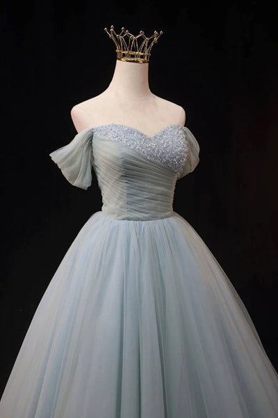 Dusty Blue Tulle Off the Shoulder Beaded Long Prom Dresses, Dusty Blue Lwt Dress Dusty Blue Tulle Off the Shoulder Beaded Long Prom Dresses, Dusty Blue Lwt Dress