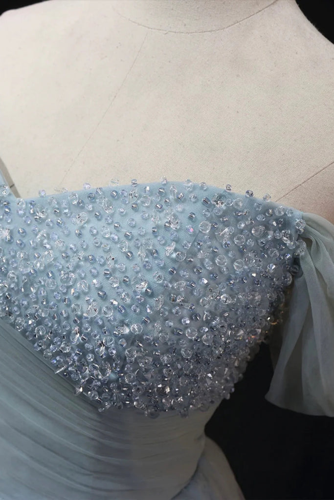 Dusty Blue Tulle Off the Shoulder Beaded Long Prom Dresses, Dusty Blue Lwt Dress Dusty Blue Tulle Off the Shoulder Beaded Long Prom Dresses, Dusty Blue Lwt Dress