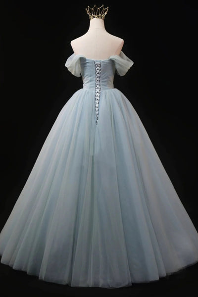 Dusty Blue Tulle Off the Shoulder Beaded Long Prom Dresses, Dusty Blue Formal Graduation Evening Dresses WT1338