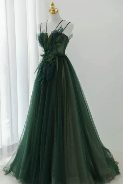Elegant A Line Dark Green Tulle Long Prom Dresses, Long Dark Green Formal Graduation Evening Dresses WT1812