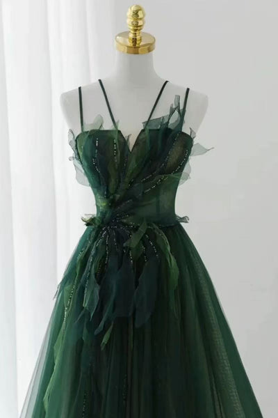 Elegant A Line Dark Green Tulle Long Prom Dresses, Long Dark Green Formal Graduation Evening Dresses WT1812