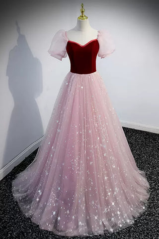 French Princess Short Sleeves Pink Long Prom Dresses, Pink Lace Formal Dresses, Long Pink Evening Dresses WT1267