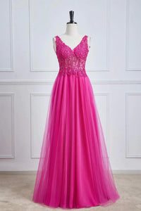 Fuchsia A Line V Neck Lace Tulle Long Prom Dresses, Fuchsia Lace Formal Dresses, Fuchsia Evening Dresses WT1404