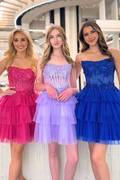 Fuchsia/Lilac/Blue A Line Strapless Lace Short Prom Dresses, Layered Fuchsia/Lilac/Blue Lace Homecoming Dresses WT1679