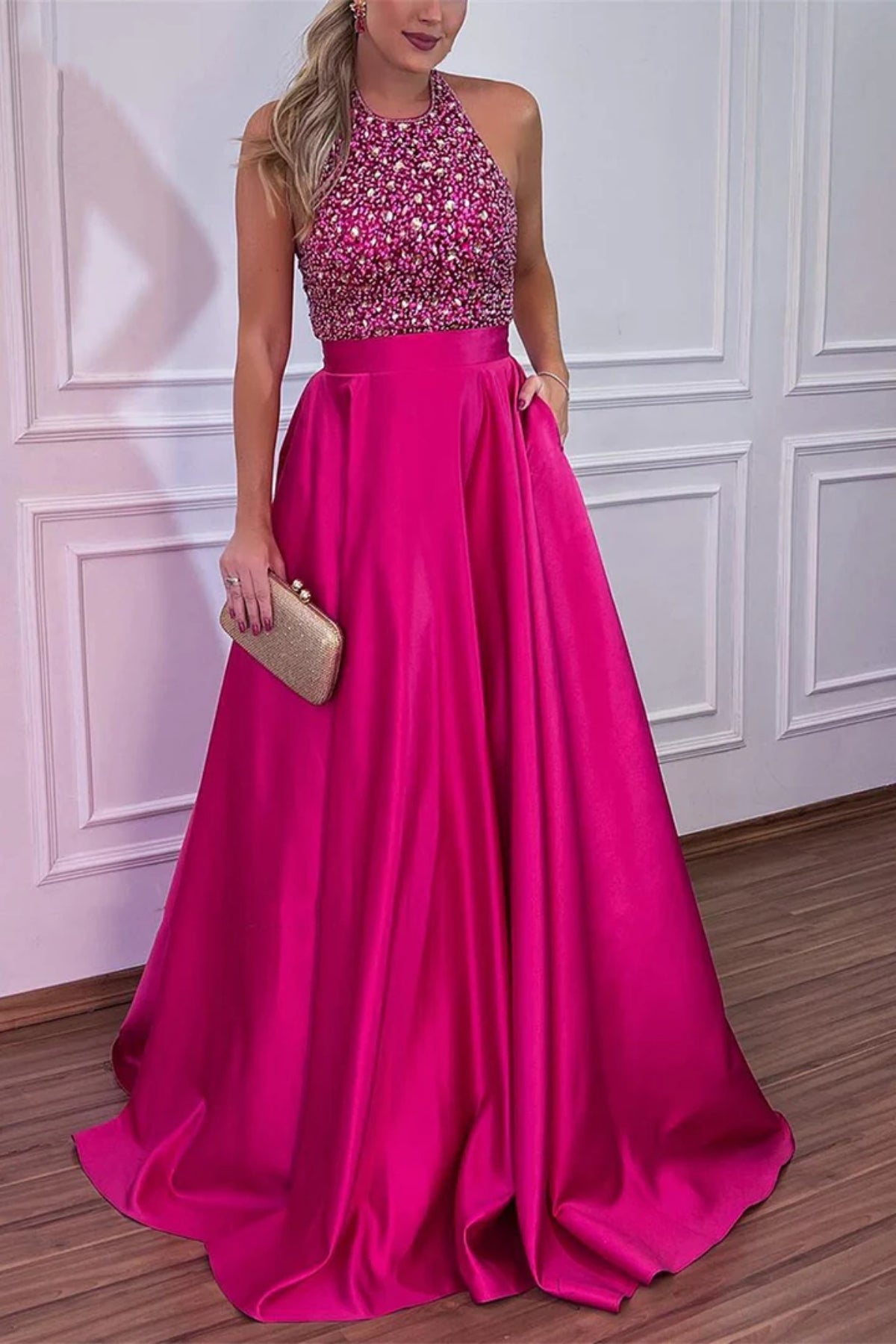 Fuchsia Satin Halter Neck Backless Beaded Long Prom Dresses with Pocke Lwt Dress Fuchsia Satin Halter Neck Backless Beaded Long Prom Dresses with Pocke Lwt Dress