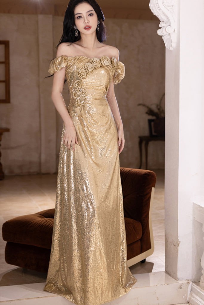 Gold Sequins Off the Shoulder Long Prom Dresses with 3D Flowers, Off t Lwt Dress Gold Sequins Off the Shoulder Long Prom Dresses with 3D Flowers, Off t Lwt Dress