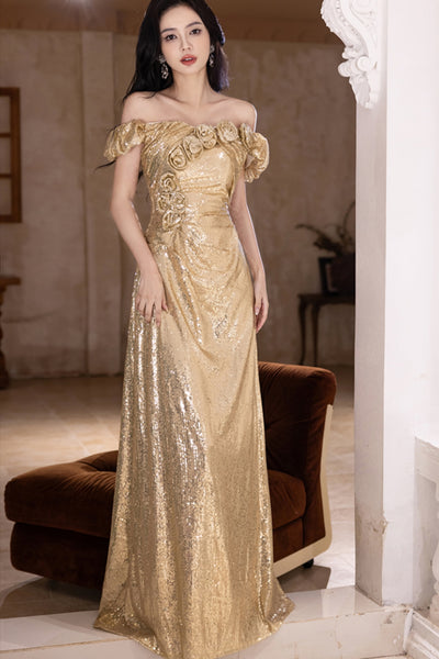 Gold Sequins Off the Shoulder Long Prom Dresses with 3D Flowers, Off the Shoulder Gold Formal Graduation Evening Dresses