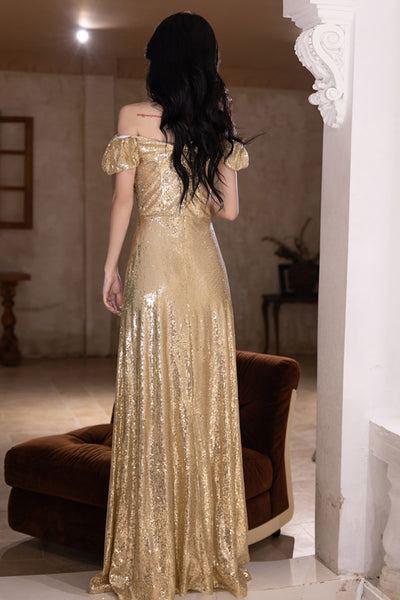 Gold Sequins Off the Shoulder Long Prom Dresses with 3D Flowers, Off the Shoulder Gold Formal Graduation Evening Dresses