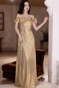 Gold Sequins Off the Shoulder Long Prom Dresses with 3D Flowers, Off the Shoulder Gold Formal Graduation Evening Dresses