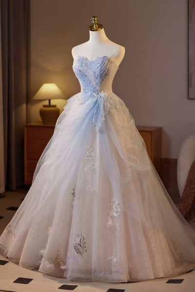 Gorgeous Beaded Blue Tulle Long Prom Dresses with Appliques, Blue Formal Evening Dresses, Ball Gown WT1719