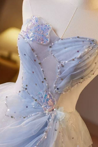 Gorgeous Beaded Blue Tulle Long Prom Dresses with Appliques, Blue Formal Evening Dresses, Ball Gown WT1719