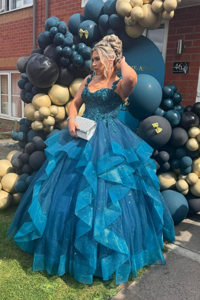 Gorgeous Fluffy Tulle Peacock Blue Lace Long Prom Dresses, Peacock Blue Lace Formal Evening Dresses, Lace Ball Gown WT1734