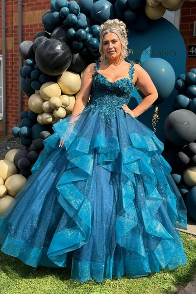 Gorgeous Fluffy Tulle Peacock Blue Lace Long Prom Dresses, Peacock Blue Lace Formal Evening Dresses, Lace Ball Gown WT1734