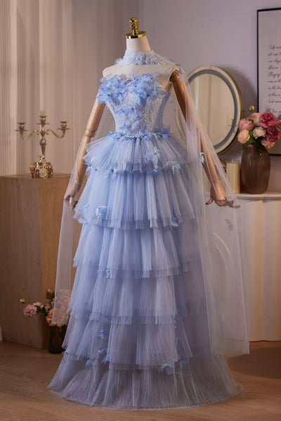 Gorgeous Layered Blue Lace Floral Long Prom Dresses, Blue Lace Formal Dresses, Blue Evening Dresses with Flowers WT1727