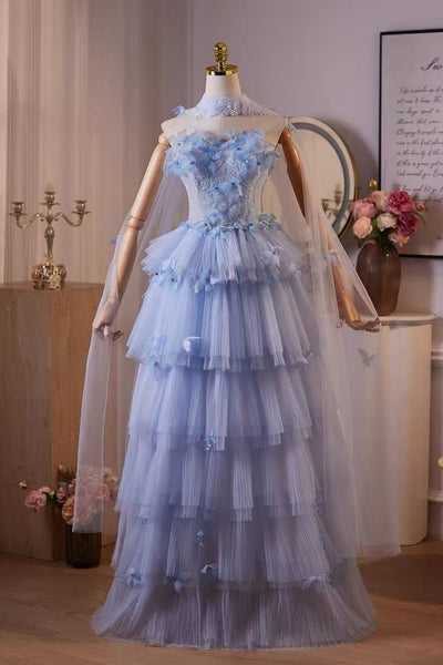 Gorgeous Layered Blue Lace Floral Long Prom Dresses, Blue Lace Formal Dresses, Blue Evening Dresses with Flowers WT1727