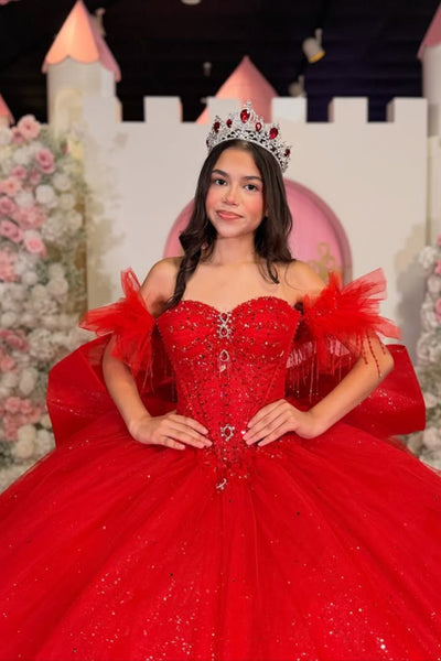 Gorgeous Off the Shoulder Beaded Red Tulle Long Prom Dresses, Red Formal Evening Dresses, Ball Gown WT1788
