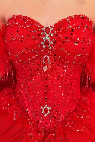Gorgeous Off the Shoulder Beaded Red Tulle Long Prom Dresses, Red Formal Evening Dresses, Ball Gown WT1788