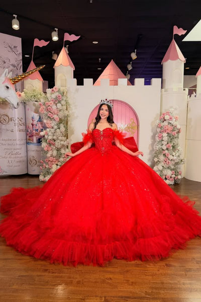 Gorgeous Off the Shoulder Beaded Red Tulle Long Prom Dresses, Red Formal Evening Dresses, Ball Gown WT1788