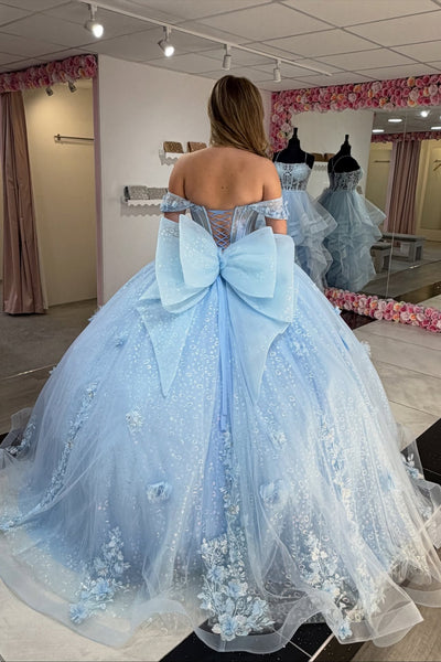 Gorgeous Off the Shoulder Light Blue/Pink Lace Floral Long Prom Dresses, Light Blue/Pink Tulle Formal Evening Dresses, Ball Gown WT1704