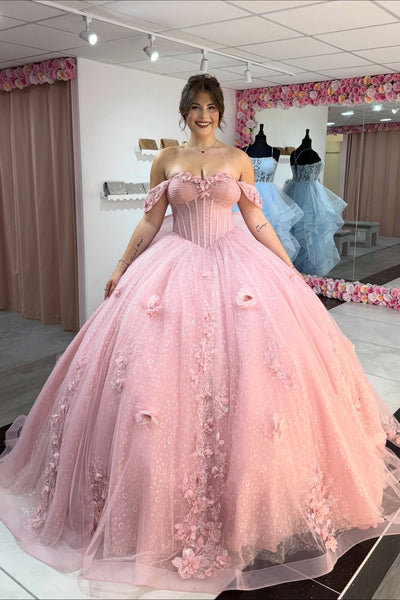 Gorgeous Off the Shoulder Light Blue/Pink Lace Floral Long Prom Dresses, Light Blue/Pink Tulle Formal Evening Dresses, Ball Gown WT1704