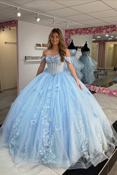 Gorgeous Off the Shoulder Light Blue/Pink Lace Floral Long Prom Dresses, Light Blue/Pink Tulle Formal Evening Dresses, Ball Gown WT1704