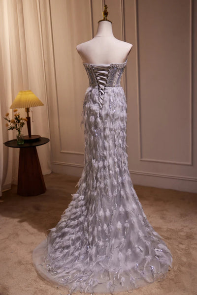 Gray Feather Gorgeous Strapless Mermaid Beaded Long Prom Dresses, Mermaid Gray Formal Evening Dresses WT1498