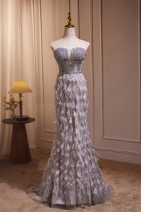 Gray Feather Gorgeous Strapless Mermaid Beaded Long Prom Dresses, Mermaid Gray Formal Evening Dresses WT1498