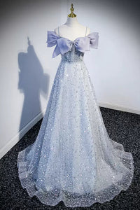 Gray Sequins Shiny Off the Shoulder Long Prom Dresses, Gray Sequins Tulle Formal Graduation Evening Dresses WT11386