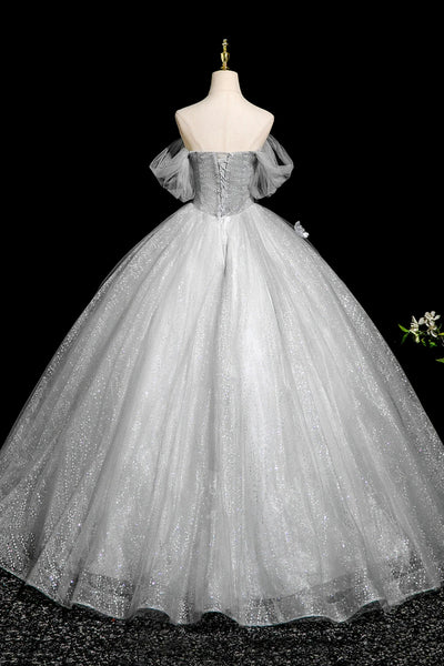 Gray Tulle A Line Off the Shoulder Long Prom Dresses with Flowers, Off Shoulder Gray Floral Formal Evening Dresses WT1674