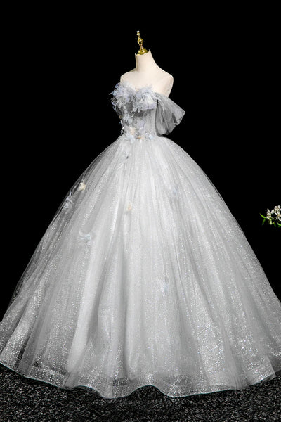 Gray Tulle A Line Off the Shoulder Long Prom Dresses with Flowers, Off Shoulder Gray Floral Formal Evening Dresses WT1674