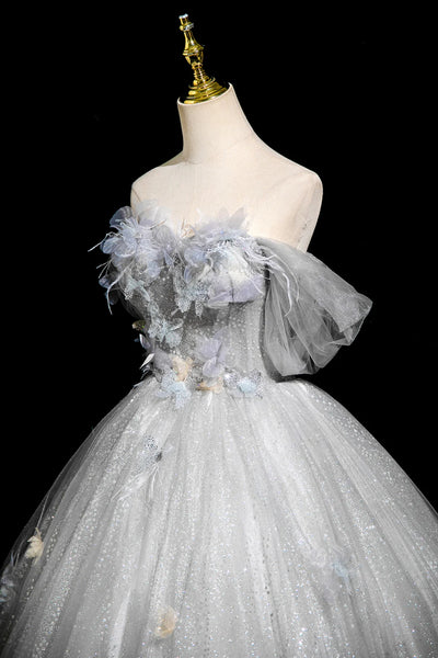 Gray Tulle A Line Off the Shoulder Long Prom Dresses with Flowers, Off Shoulder Gray Floral Formal Evening Dresses WT1674