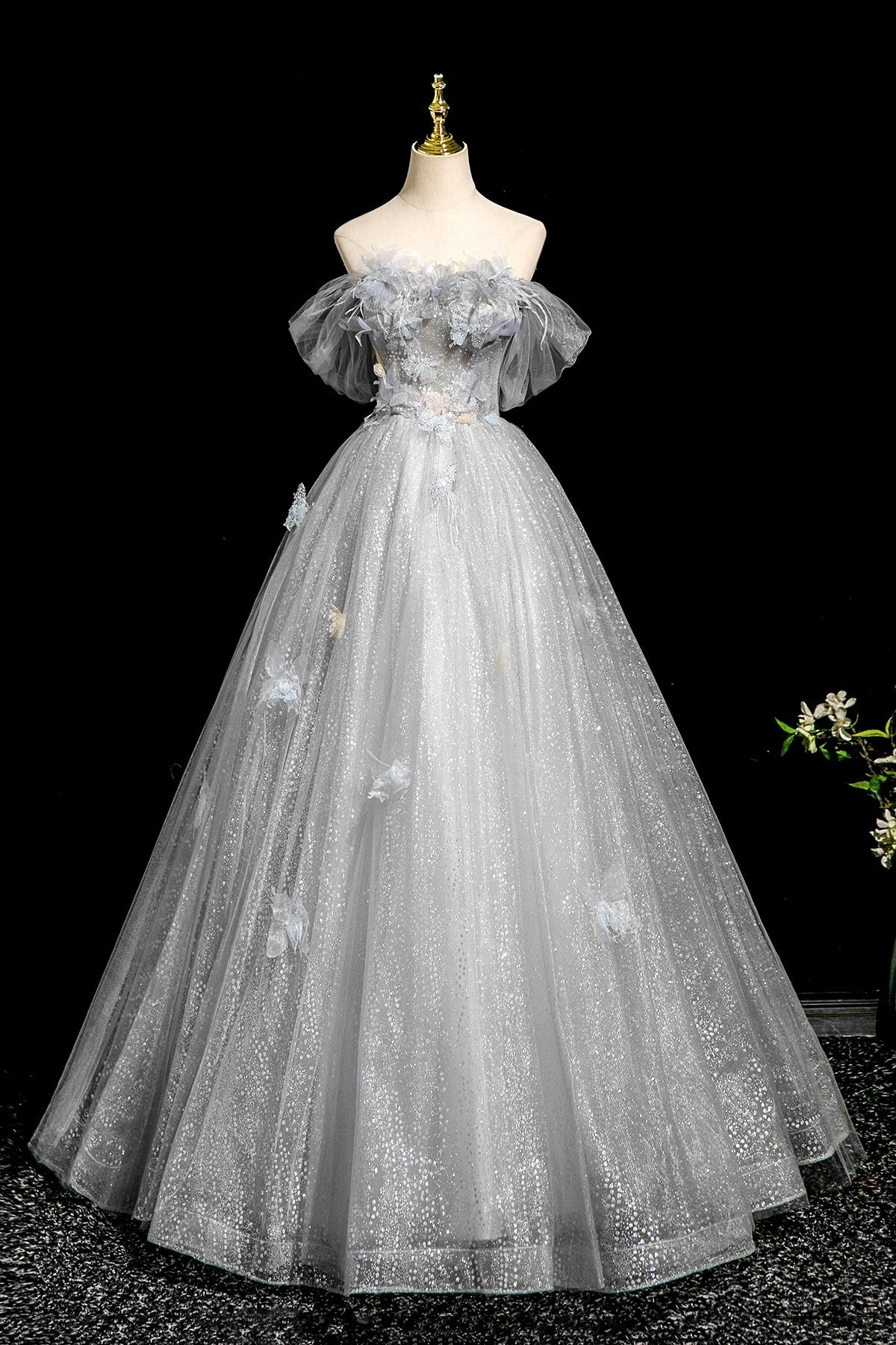 Gray Tulle A Line Off the Shoulder Long Prom Dresses with Flowers, Off Shoulder Gray Floral Formal Evening Dresses WT1674